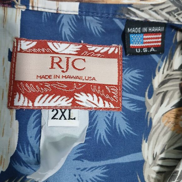 RJC Men 2XL Navy Hawaiian V Neck Button Up Short Sleeve Shirt Surfboard Resort - Picture 6 of 8